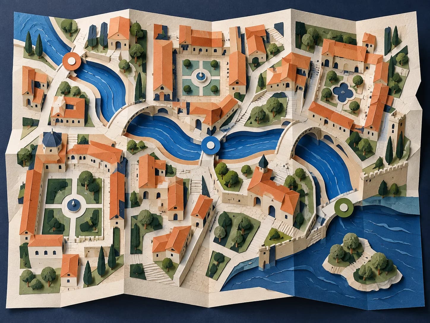 Papierowa mapa miasteczka z niebieskimi kanałami, dziedzińcami i mostami